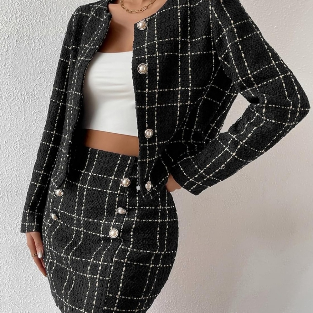 2 Piece Plaid Pattern Tweed Jacket and Midi Skirt Outfit
